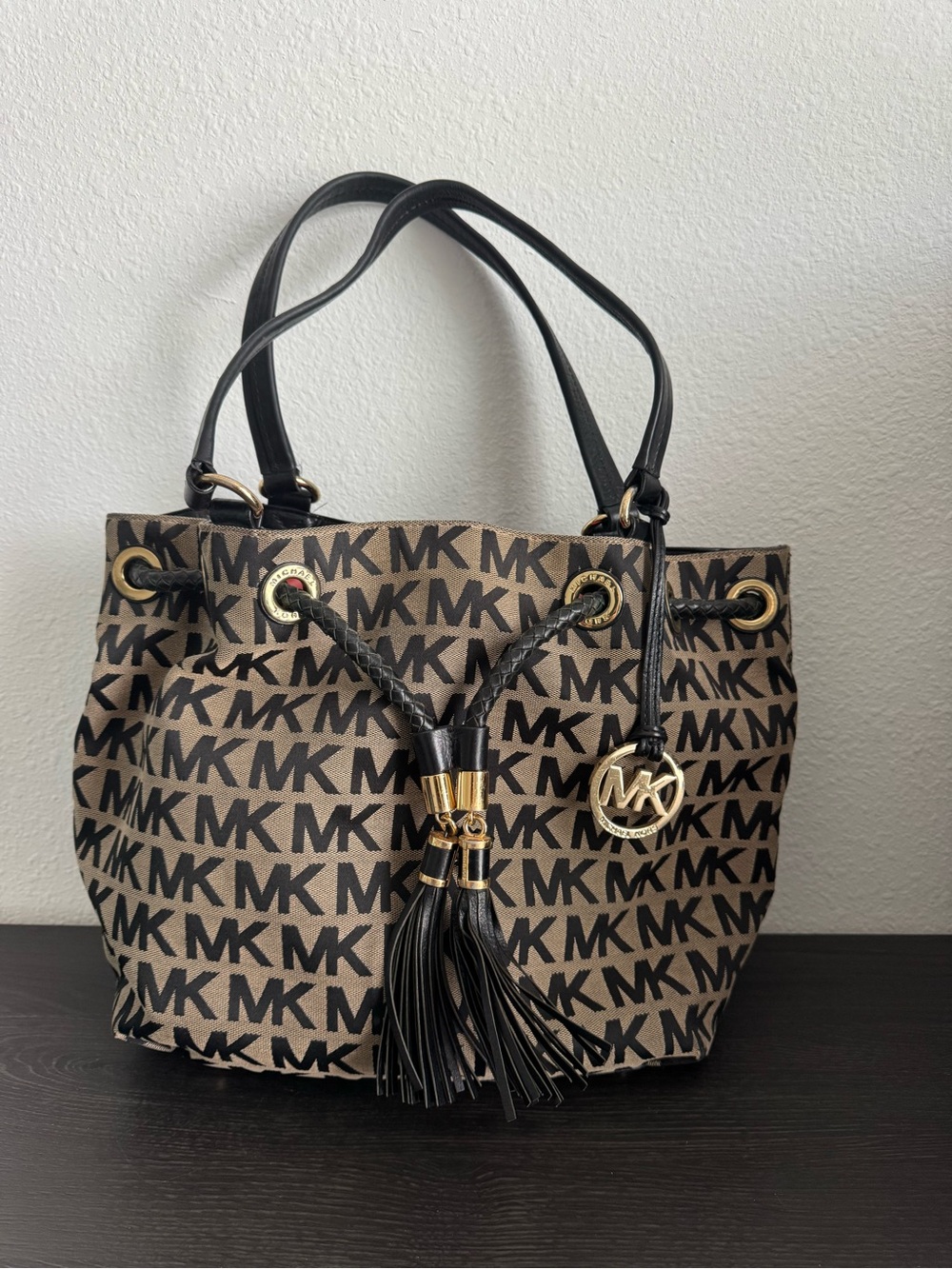 Michael Kors Brown & Black MK Logo Shoulder Bag with Tassel